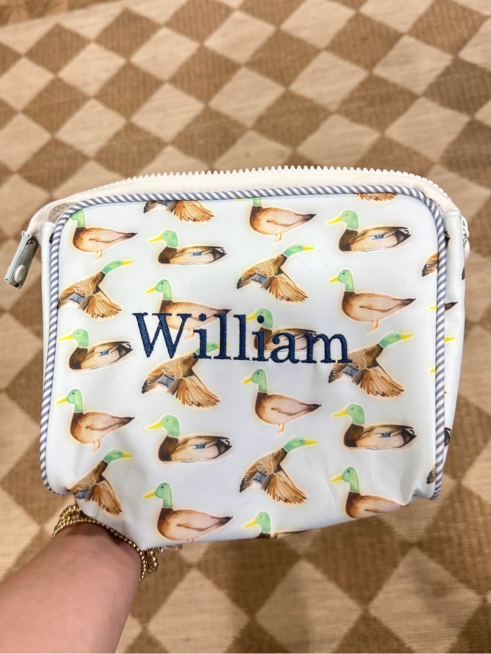 William monogrammed mallard ducks go bag water resistant wipeable embroidery